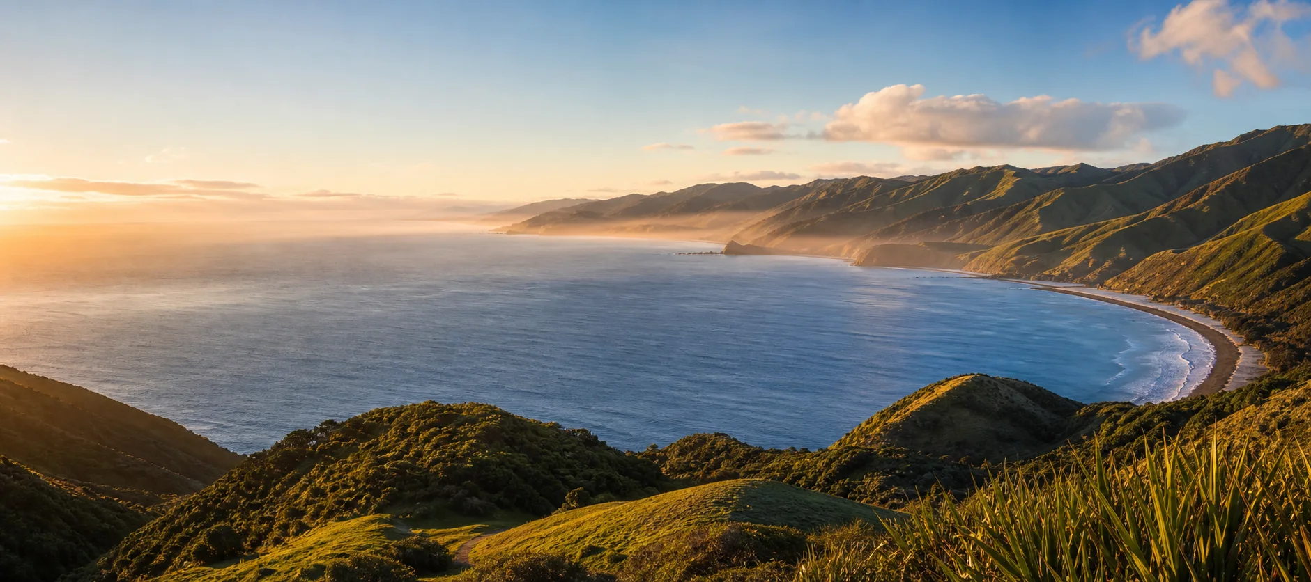Sunrise across an East Coast bay and green coastal hills